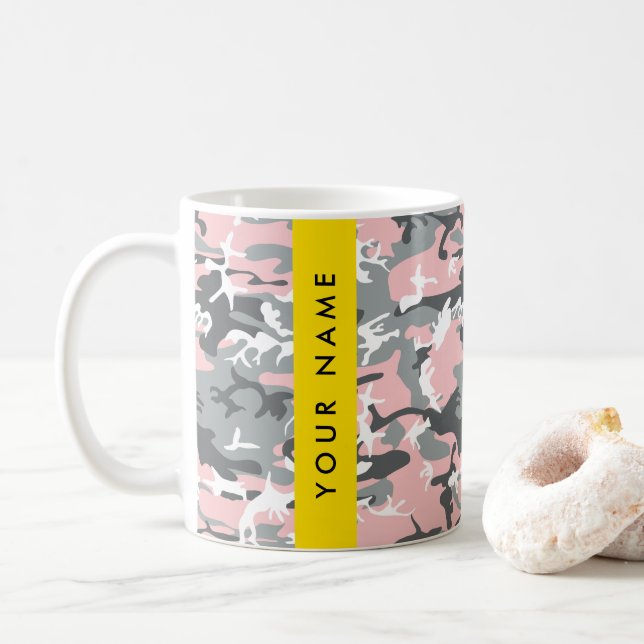 Caneca De Café Camuflagem Rosa e Cinza Personalize seu nome (Com Donut)