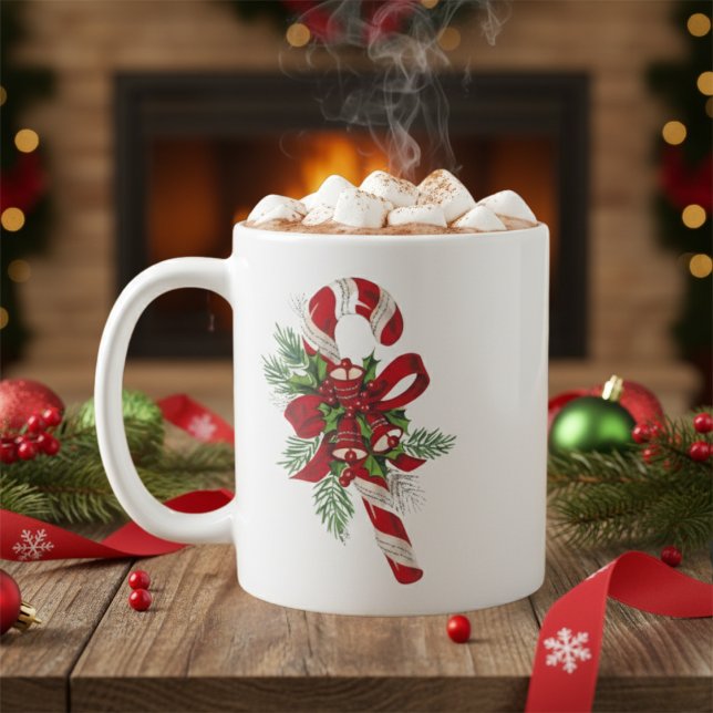 Caneca De Café Cana-doce retrô com sinos e Natal Arco (Retro Candy Cane with Bells and Bow Christmas Coffee Mug)