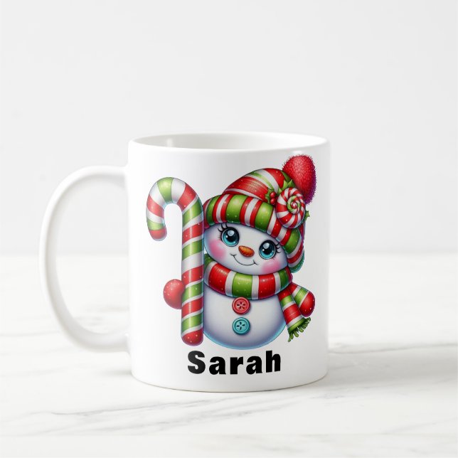 Caneca De Café Candy Cane Snowman Nome Personalizado de Natal (Esquerda)