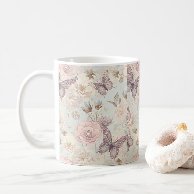 Caneca De Café “Caneca de Café Borboleta e Floral Pastel (Com Donut)