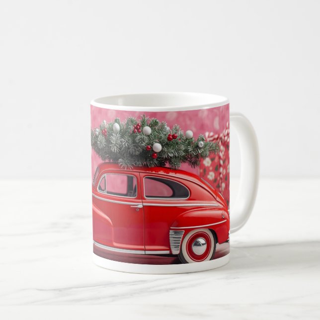 Caneca De Café “Caneca de Natal Rosa Fofa – Carro Vermelho e Árvo (Frente Esquerda)