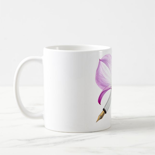 Caneca De Café caneta branca com laço rosa (Esquerda)