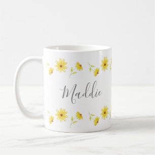 Caneca De Café Caneta Floral Amarelo e Padrão de Aquarela