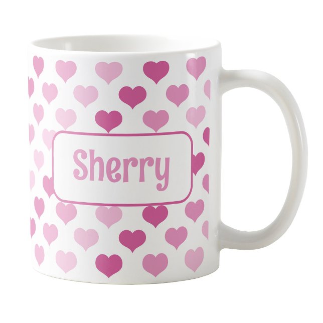 Caneca De Café Canhão de Corações Rosa Personalizado (Personalized Pink Hearts Mug at Amy's Coffee Mugs on Zazzle. )