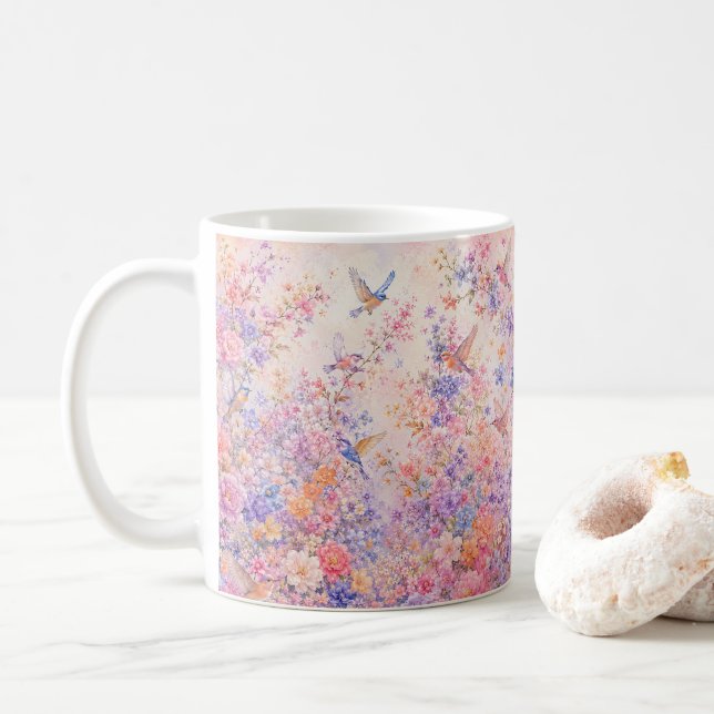 Caneca De Café Canto de Pássaros Entre Flores (Com Donut)