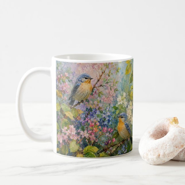 Caneca De Café Canto de Pássaros Entre Flores (Com Donut)