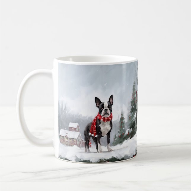 Caneca De Café Cão Boston Terrier na neve Natal  (Esquerda)
