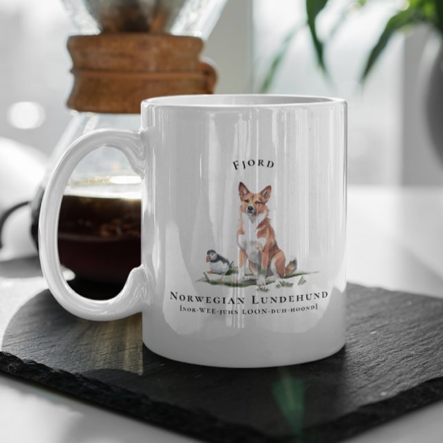 Caneca De Café Cão de Aquarela Norueguês Lundehund | Monograma (Criador carregado)