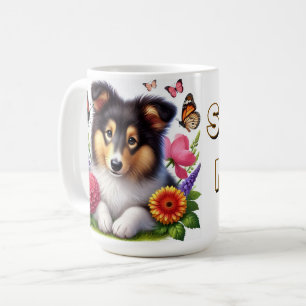 Caneca De Café Cão de Pastoreio de Shetland com Flores e Borbolet