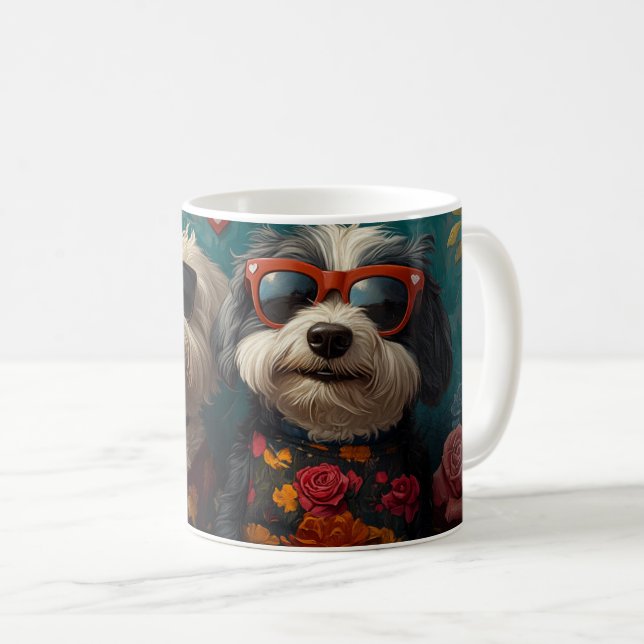 Caneca De Café Cão de Pastoreio Inglês Antigo com Rosas Dia dos N (Frente Esquerda)