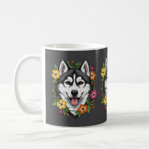 Caneca De Café Cão de Trenó Husky e Flores Coloridas de Mirablis