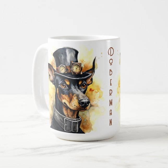 Caneca De Café Cão Doberman Pinscher Steampunk (Frente Esquerda)