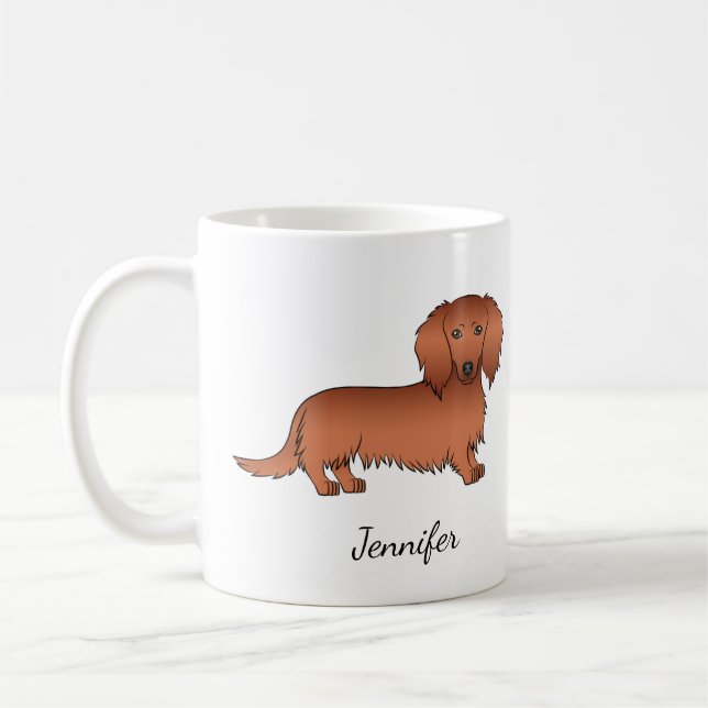 Caneca De Café Cão e nome do desenho animado de cabelo longo verm (Esquerda)
