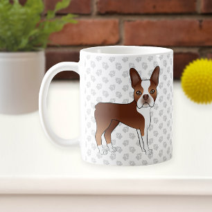 Caneca De Café Cão e patas de Cartoon Red e White Boston Terrier