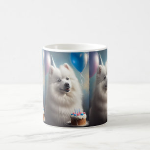Caneca De Café cão esquimó americano com balões de aniversário