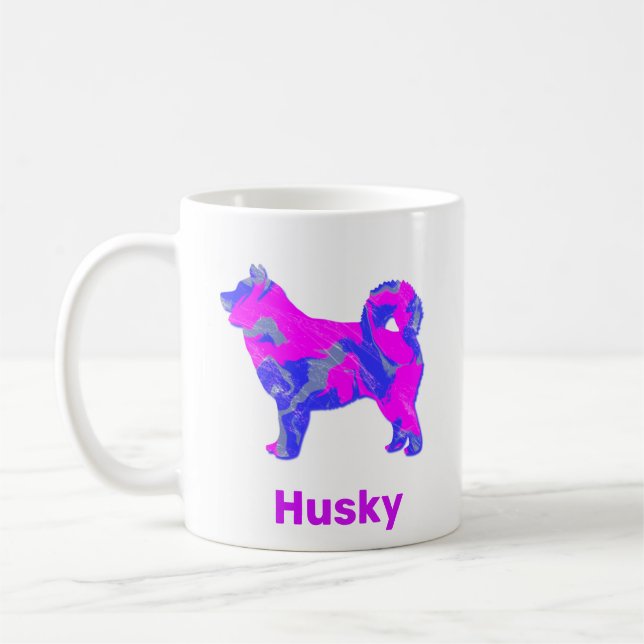 Caneca De Café Cão Husky Siberiano Rosa, Azul e Branco (Esquerda)