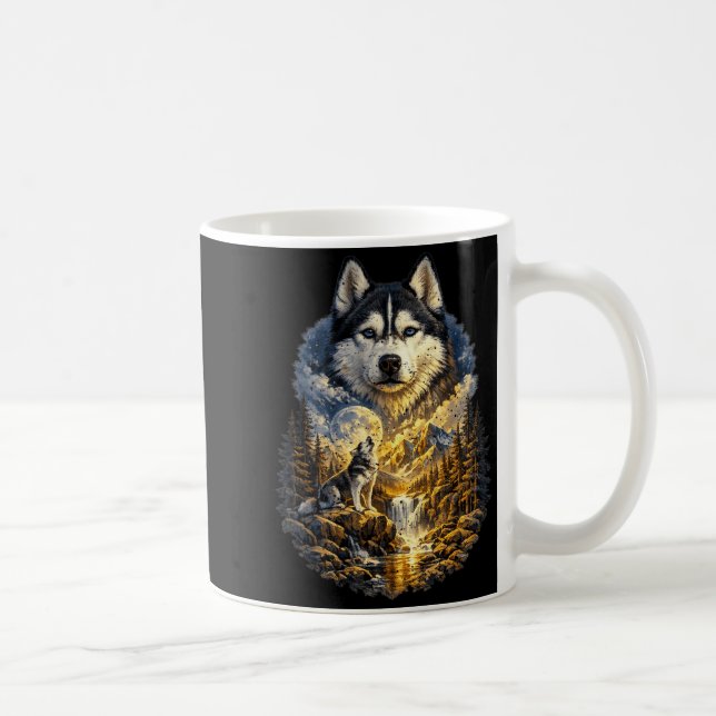 Caneca De Café Cão Husky Siberiano Uivando para a Lua na Natureza (Direita)