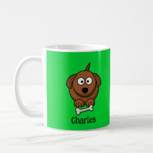 Caneca De Café Cão-marrom com osso personalizado em verde
