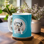 Caneca De Café Cão Osso e Bolinhas Foto Pet - Azul<br><div class="desc">Uma maneira divertida de mostrar uma foto do seu animal de estimação favorito. A borda da bolinhas enquadra uma foto fofa e o nome do cão é dentro de um osso de cão de desenho animado. Adicione a sua foto favorita de filhote e faça uma bela manutenção dos animais de...</div>