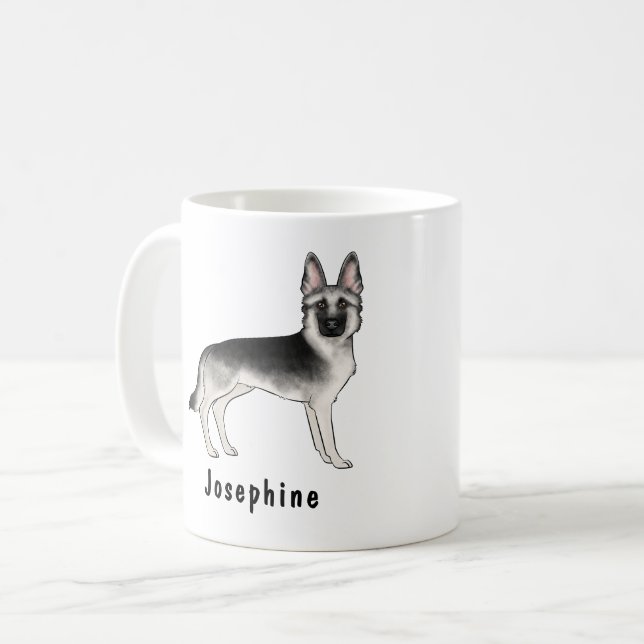 Caneca De Café Cão Pastor Alemão Sable Prata Com Nome Personaliza (Frente Esquerda)
