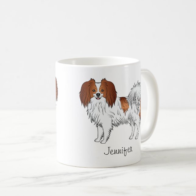 Caneca De Café Cão Phalène Vermelho e Branco com Nome Personaliza (Frente Esquerda)