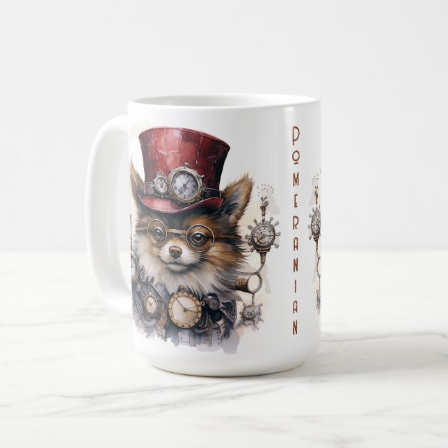 Caneca De Café Cão Pomerânia Steampunk (Frente Esquerda)