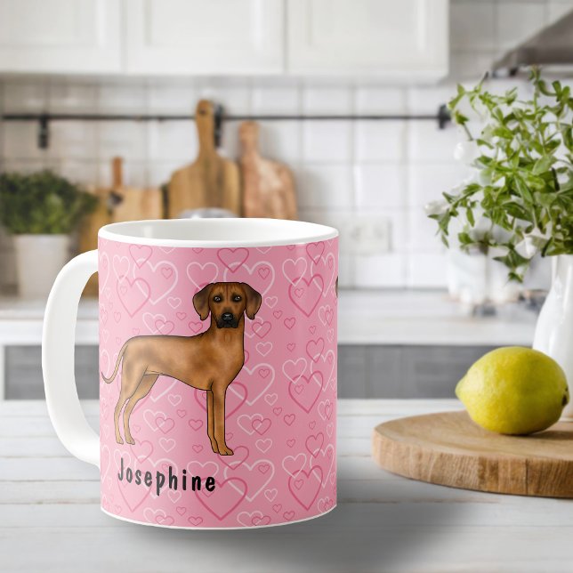 Caneca De Café Cão Ridgeback da Rodésia em Corações Cor-de-Rosa C (Please note: This image is a digital mockup. The product may not be in scale.)