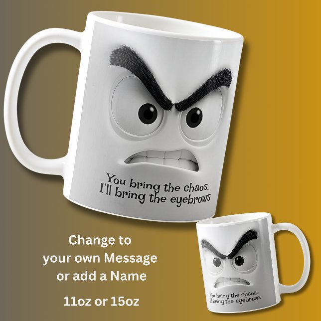 Caneca De Café Caos & Sobrancelhas, Adicione Mensagem Rosto Expre (Criador carregado)