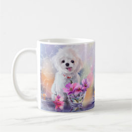 Caneca De Café Cãozinho branco-liso e flores num vaso