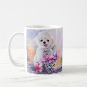 Caneca De Café Cãozinho branco-liso e flores num vaso