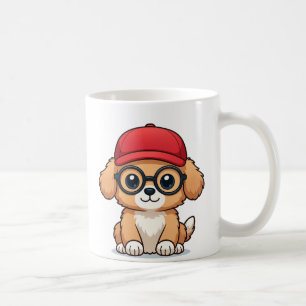 Caneca De Café Cãozinho com Bonés vermelhos e óculos   Cão Cartoo
