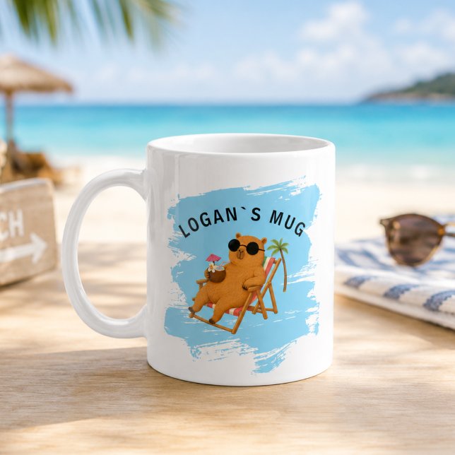 Caneca De Café Capa de Praia de Capivara Personalizada de Verão (Personalized Summer Capybara Beach Coffee Mug)