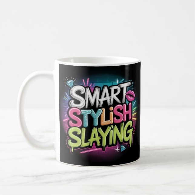 Caneca De Café Capacitar o texto preto-rosa neon do slogan do gra (Esquerda)