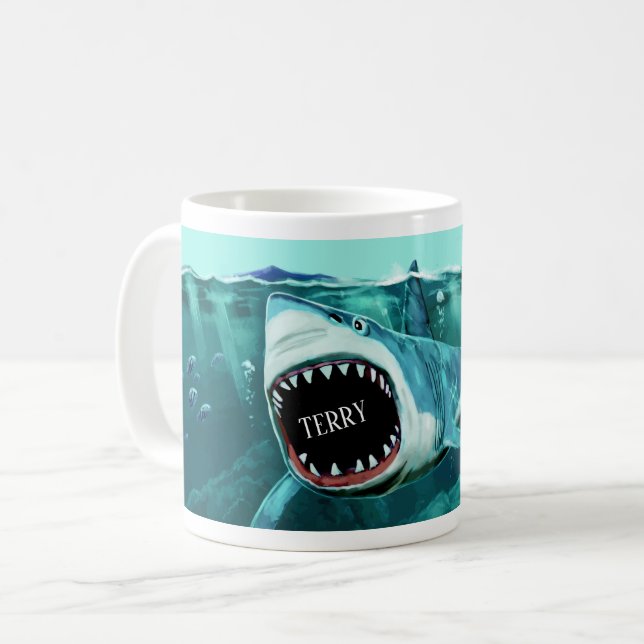 Caneca De Café Capas de nome personalizado do Shark assustador (Frente Esquerda)