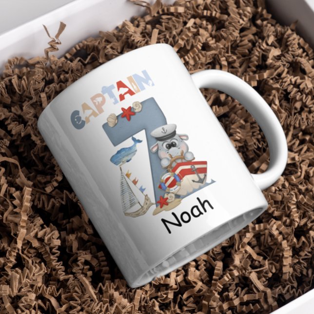 Caneca De Café Capitão de 7 de Aniversário Personalizado do Hippo (Criador carregado)