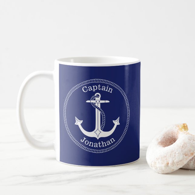 Caneca De Café Capitão de Âncora Náutica Personalizado (Com Donut)