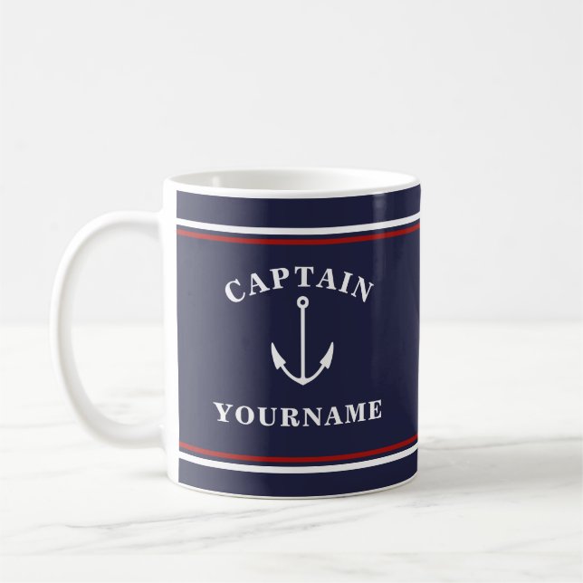 Caneca De Café Capitão Náutico Âncora Seu Nome Marinho Blue Mug (Esquerda)