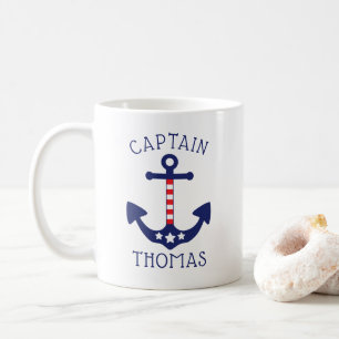 Caneca De Café Capitão patriótico Adição Nome da âncora náu