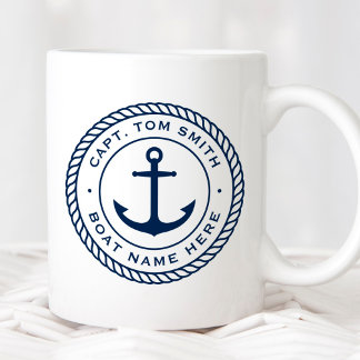 Caneca De Café Capitão personalizado e borda da corda âncora do n