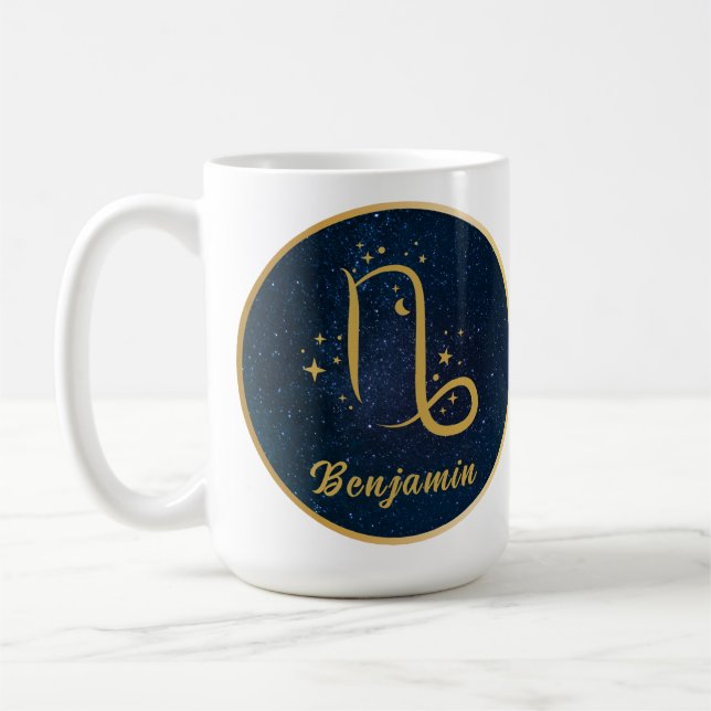 Caneca De Café Capricórnio zodiano símbolo dourado, azul personal (Esquerda)