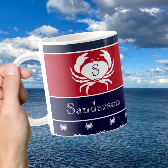 Caneca De Café Caranguejo Azul, Marinho Branco, Monograma, Náutic (Criador carregado)