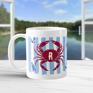 Caneca De Café Caranguejo Vermelho Listras Azuis Ícones Marítimos