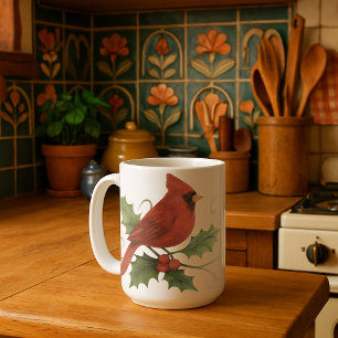 Caneca De Café Cardeal Vermelho Em Winter Holly & Mistletoe