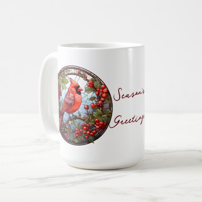 Caneca De Café Cardeal Vermelho Natal Holly Berries Festivo (Frente Esquerda)