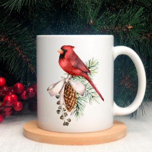 Caneca De Café Cardeal Vermelho, Pine Cones, Branch, Fita Natal