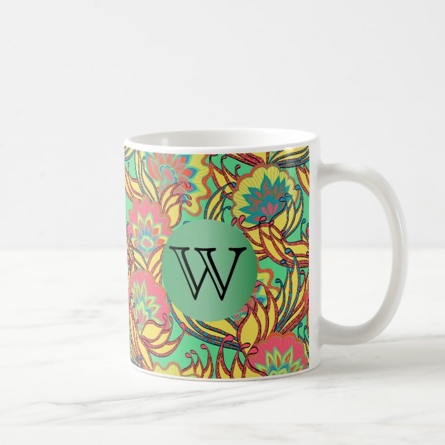 Caneca De Café Caribe Cores Boho Floral Com Monograma (Direita)