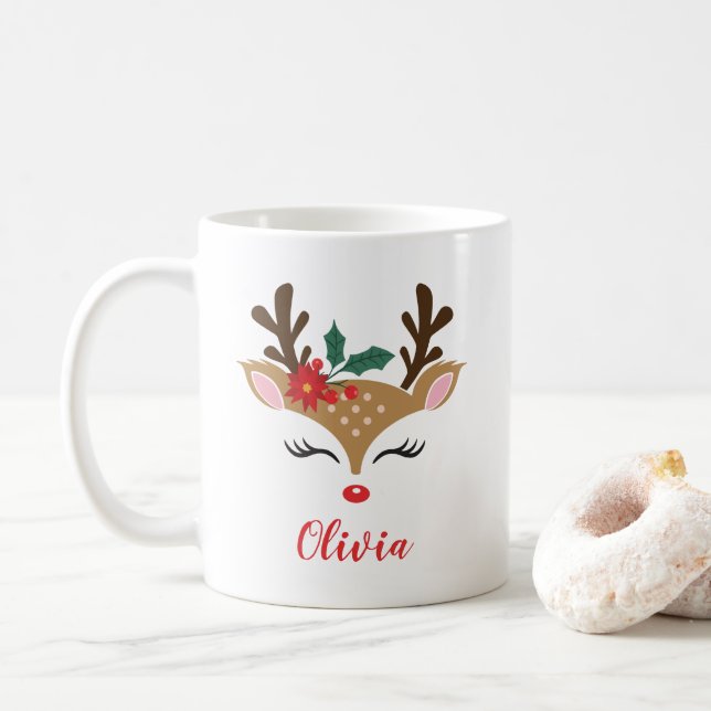 Caneca De Café Carinha Bonita de Reindeer de Natal (Com Donut)