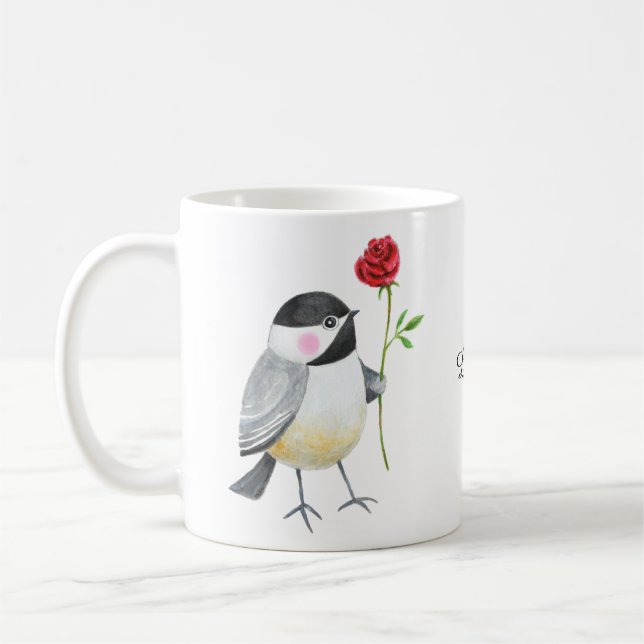 Caneca De Café Carinhozo Chickadee com uma única rosa vermelha No (Esquerda)
