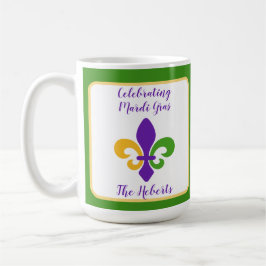 Caneca De Café Carnaval Nome Verde Dourado Roxo Fleur de Lis