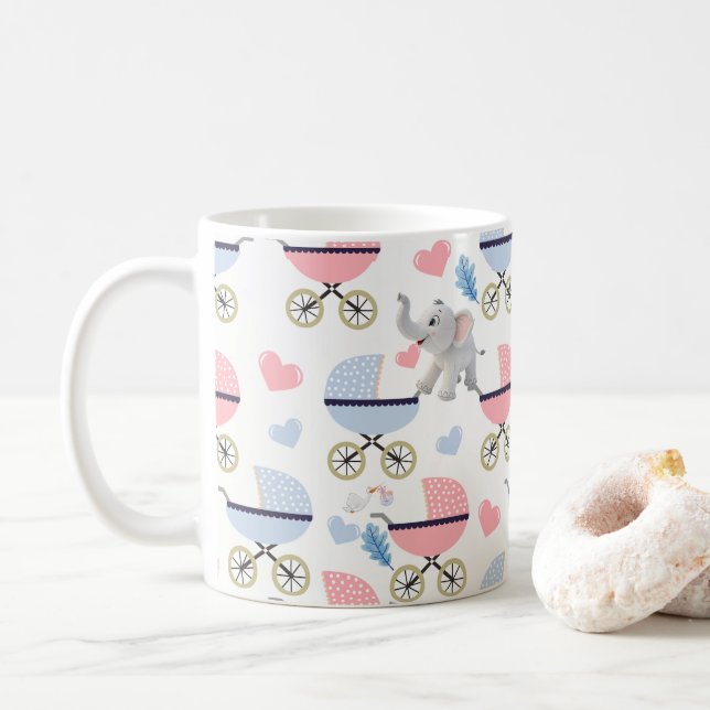 Caneca De Café Carrinho de Bebê Gêmeos Corações de Elefante Canec (Com Donut)